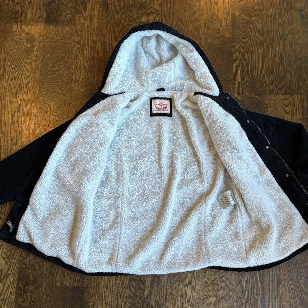Levi Strauss Sherpa Lined Corduroy Jacket Mens L Hooded Black Trucker Workwear